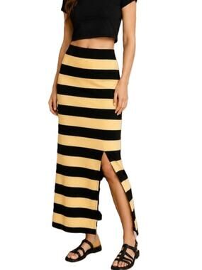 Free People Skirt Womens Size M Striped Bodycon Midi Black Cream Boho Casual